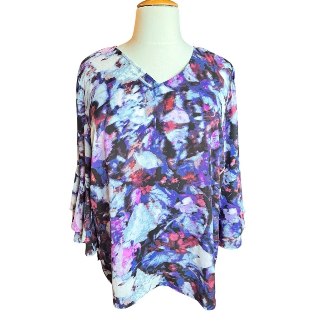 Catherines Black Label Abstract Floral Ruffle Sleeve Top 3X (26/28W) P5